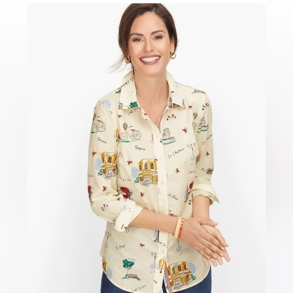 Talbots Classic Cotton Shirt Size MP Novelty Scenic France Button Down - Picture 1 of 8